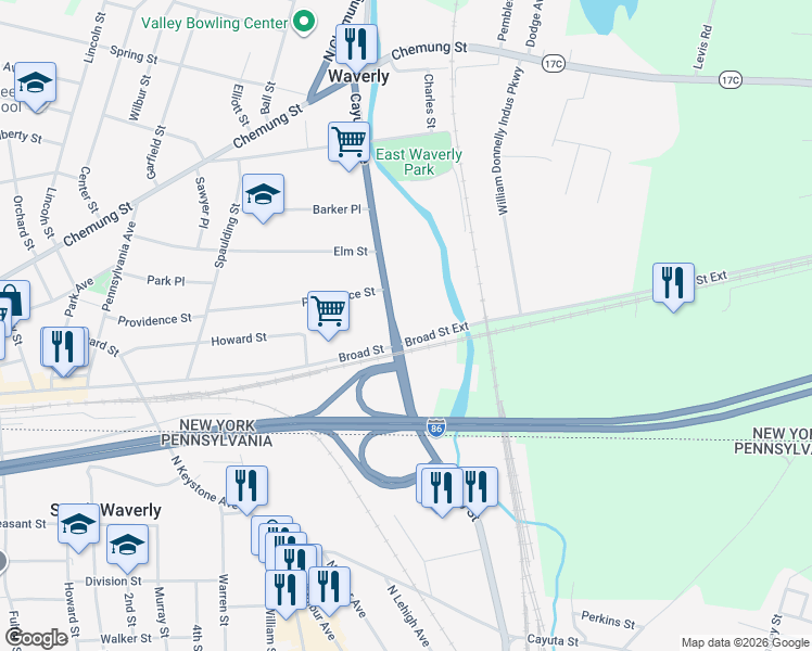 map of restaurants, bars, coffee shops, grocery stores, and more near 430 Cayuta Avenue in Waverly