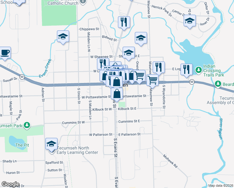 map of restaurants, bars, coffee shops, grocery stores, and more near 105 East Pottawatamie Street in Tecumseh