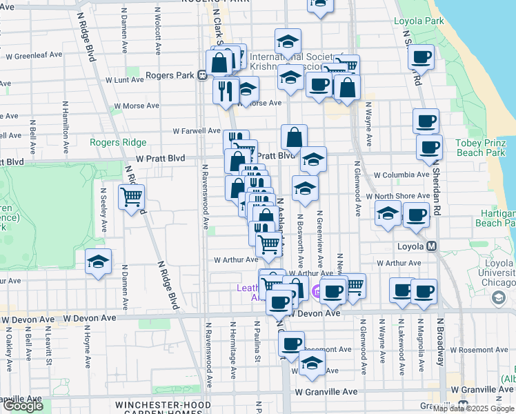 map of restaurants, bars, coffee shops, grocery stores, and more near 6643 North Clark Street in Chicago