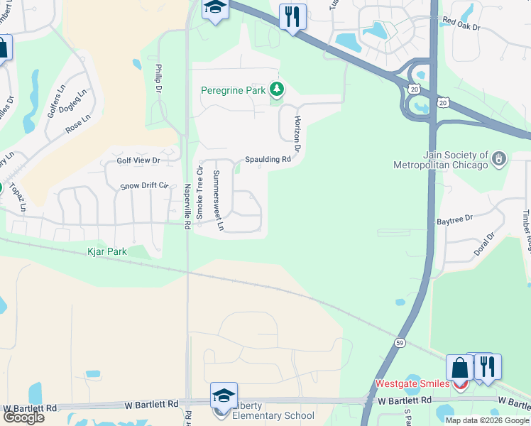 map of restaurants, bars, coffee shops, grocery stores, and more near 1271 Summersweet Lane in Bartlett