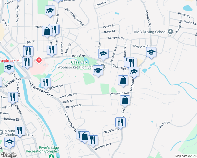 map of restaurants, bars, coffee shops, grocery stores, and more near 400 Aylsworth Avenue in Woonsocket