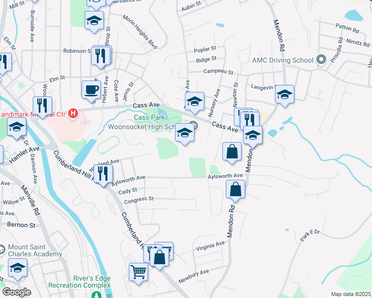 map of restaurants, bars, coffee shops, grocery stores, and more near 400 Aylsworth Avenue in Woonsocket