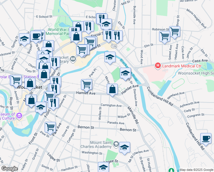 map of restaurants, bars, coffee shops, grocery stores, and more near 166 Harrison Avenue in Woonsocket