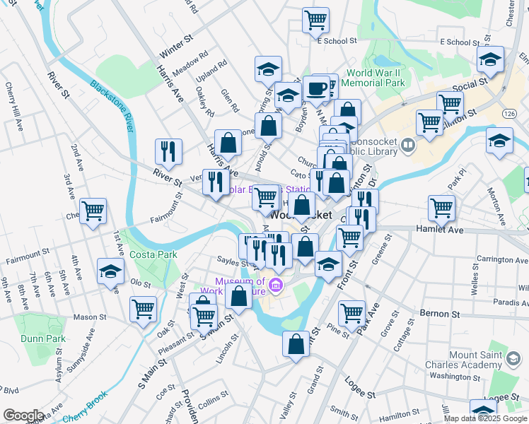 map of restaurants, bars, coffee shops, grocery stores, and more near 201 Arnold Street in Woonsocket