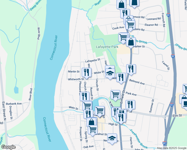 map of restaurants, bars, coffee shops, grocery stores, and more near 81 Lincoln Street in Enfield