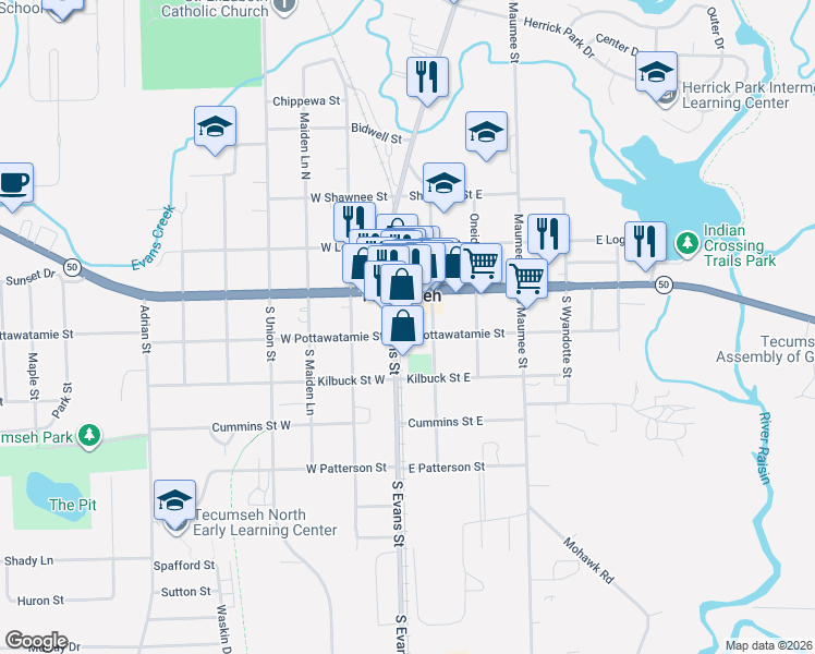 map of restaurants, bars, coffee shops, grocery stores, and more near 105 East Pottawatamie Street in Tecumseh