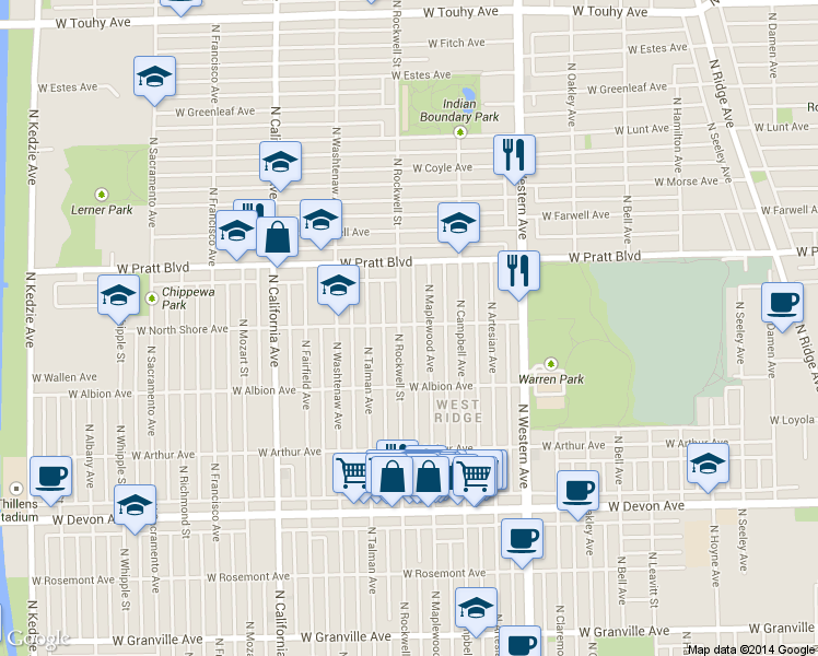 map of restaurants, bars, coffee shops, grocery stores, and more near 2553 West North Shore Avenue in Chicago