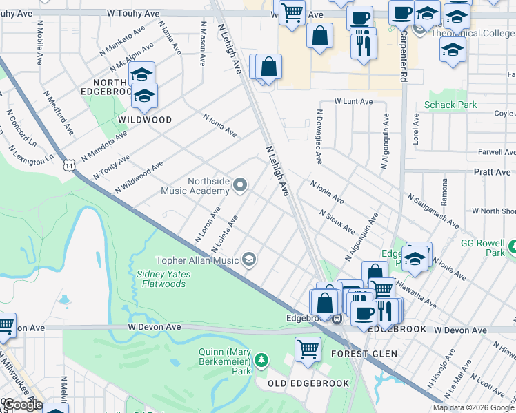 map of restaurants, bars, coffee shops, grocery stores, and more near 6740 North Keota Avenue in Chicago