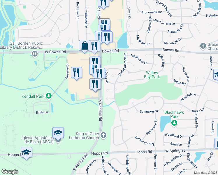 map of restaurants, bars, coffee shops, grocery stores, and more near 2377 Cove Court in Elgin