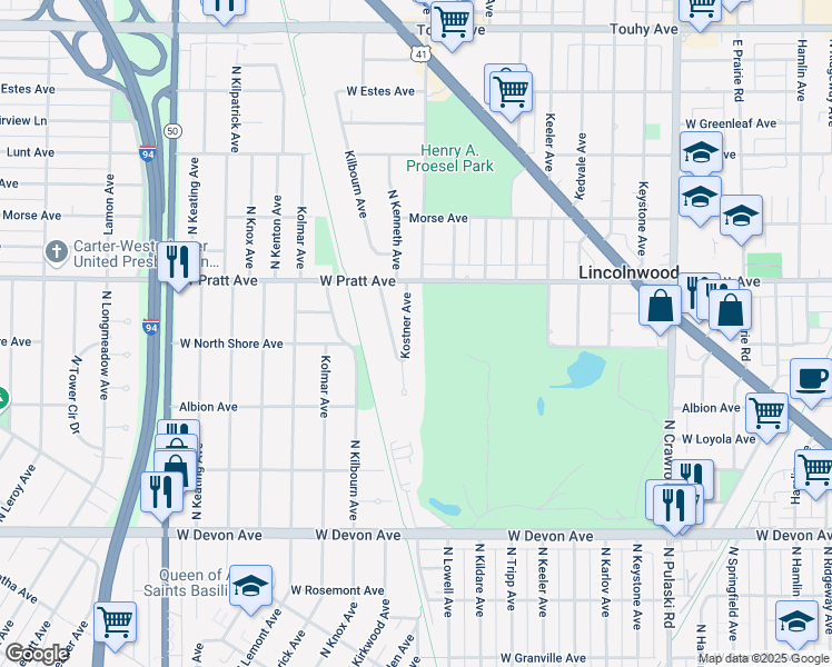 map of restaurants, bars, coffee shops, grocery stores, and more near 6645 North Kostner Avenue in Lincolnwood