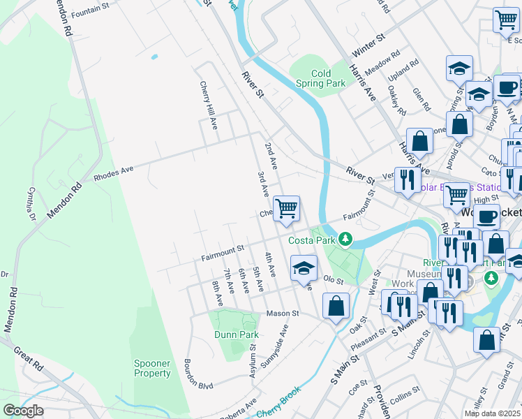 map of restaurants, bars, coffee shops, grocery stores, and more near 133 Chestnut Street in Woonsocket