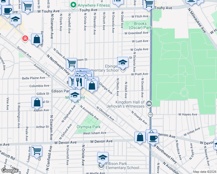 map of restaurants, bars, coffee shops, grocery stores, and more near 6702 North Olympia Avenue in Chicago