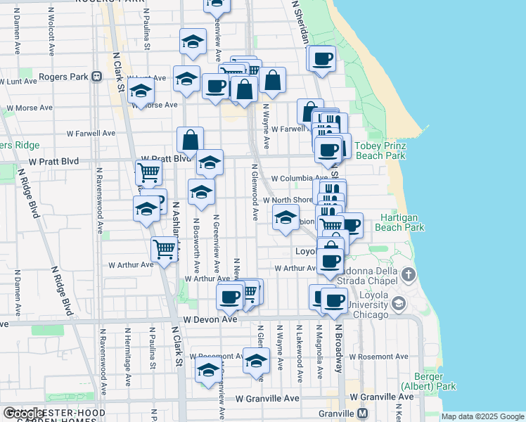 map of restaurants, bars, coffee shops, grocery stores, and more near 1331 West North Shore Avenue in Chicago