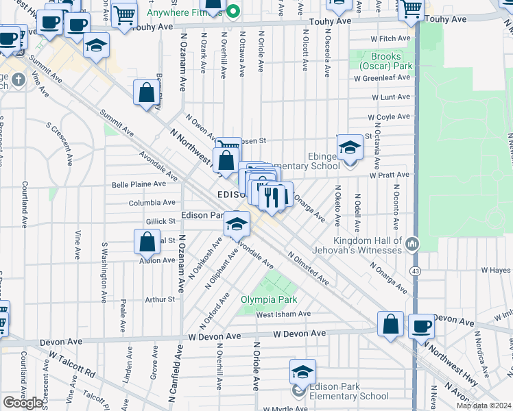 map of restaurants, bars, coffee shops, grocery stores, and more near 6714 North Northwest Highway in Chicago