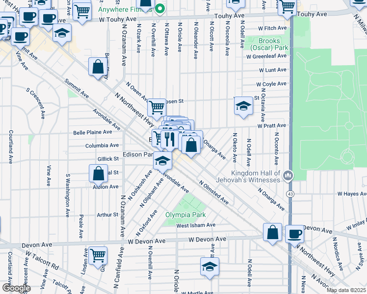map of restaurants, bars, coffee shops, grocery stores, and more near 6714 North Oliphant Avenue in Chicago