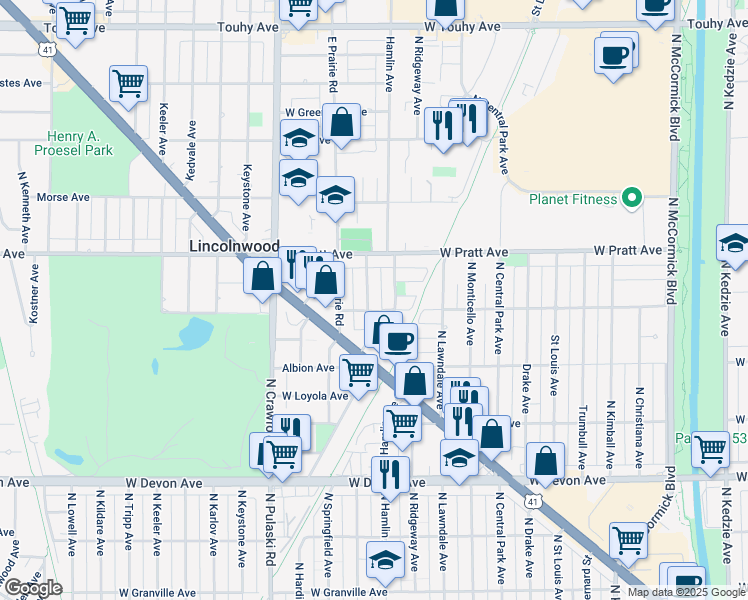 map of restaurants, bars, coffee shops, grocery stores, and more near 6711 Avers Avenue in Lincolnwood