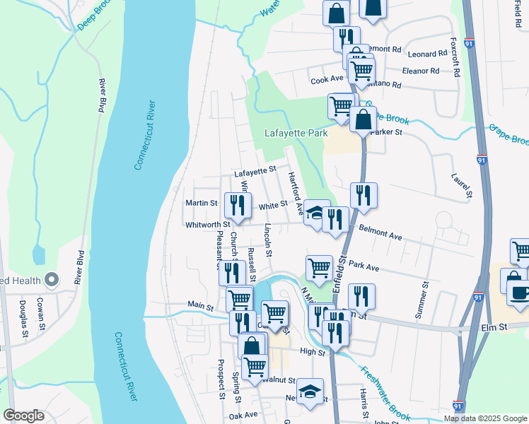 map of restaurants, bars, coffee shops, grocery stores, and more near 81 Lincoln Street in Enfield