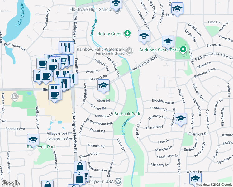map of restaurants, bars, coffee shops, grocery stores, and more near 950 Lonsdale Road in Elk Grove Village