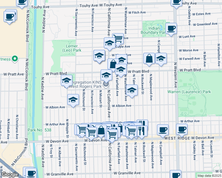 map of restaurants, bars, coffee shops, grocery stores, and more near 6658 North Fairfield Avenue in Chicago