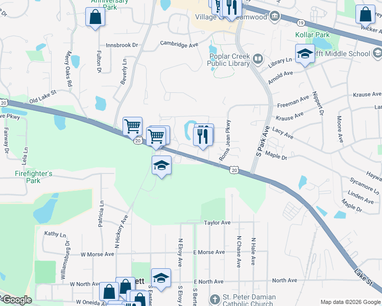 map of restaurants, bars, coffee shops, grocery stores, and more near 4106 Rowley Court in Streamwood
