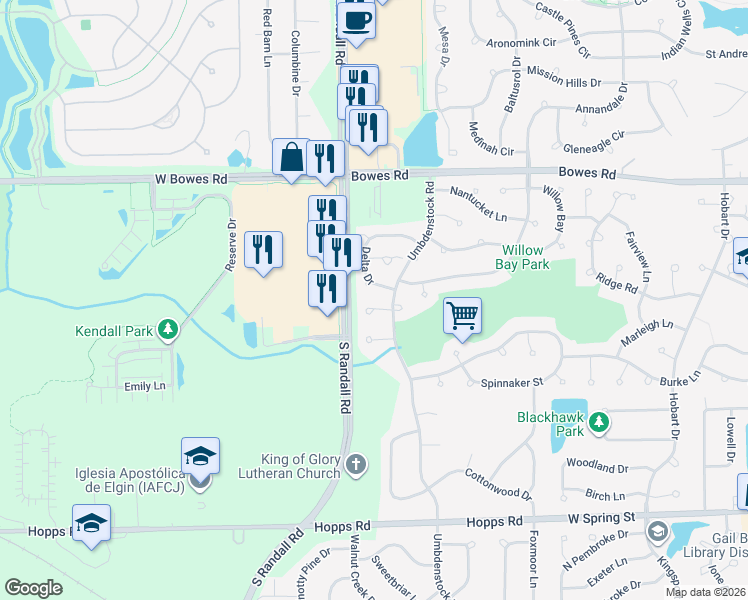 map of restaurants, bars, coffee shops, grocery stores, and more near 2377 Cove Court in Elgin