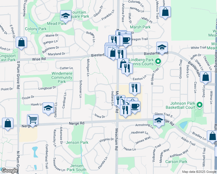 map of restaurants, bars, coffee shops, grocery stores, and more near 750 Indiana Lane in Elk Grove Village