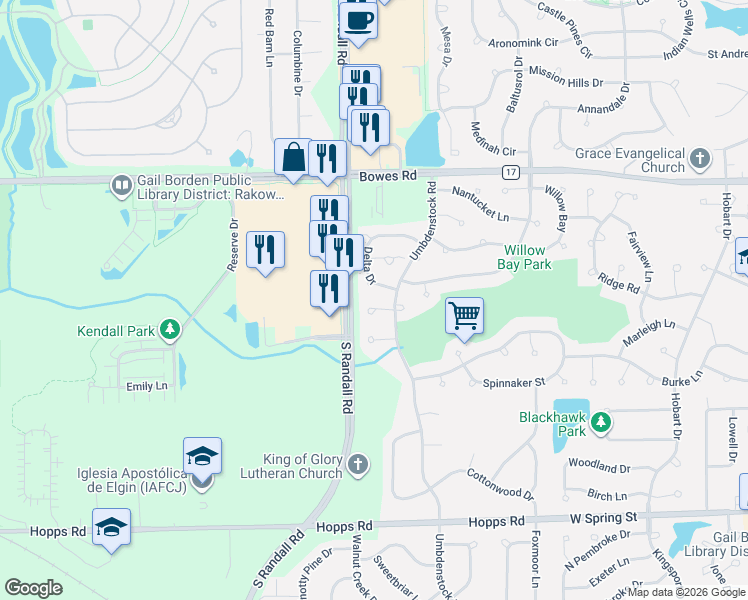 map of restaurants, bars, coffee shops, grocery stores, and more near 2377 Cove Court in Elgin