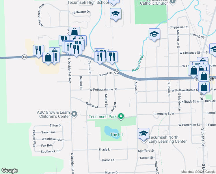 map of restaurants, bars, coffee shops, grocery stores, and more near 126 Maple Street in Tecumseh