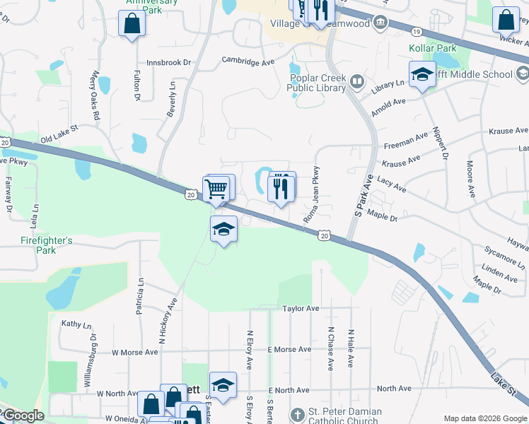 map of restaurants, bars, coffee shops, grocery stores, and more near 4106 Rowley Court in Streamwood