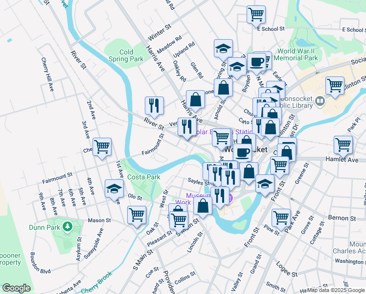 map of restaurants, bars, coffee shops, grocery stores, and more near 109 Water Street in Woonsocket
