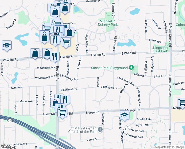 map of restaurants, bars, coffee shops, grocery stores, and more near 218 East Monterey Avenue in Schaumburg