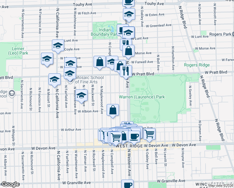 map of restaurants, bars, coffee shops, grocery stores, and more near 6654 North Artesian Avenue in Chicago
