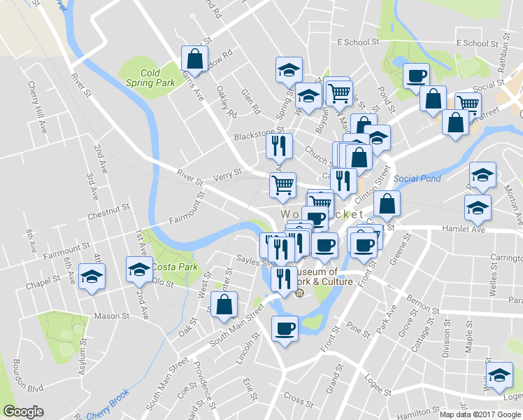 map of restaurants, bars, coffee shops, grocery stores, and more near 302 High Street in Woonsocket