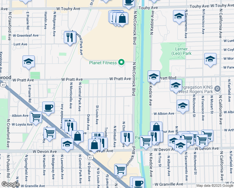 map of restaurants, bars, coffee shops, grocery stores, and more near 3360 West North Shore Avenue in Lincolnwood