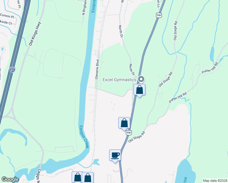 map of restaurants, bars, coffee shops, grocery stores, and more near 72 Eastern Parkway in Saugerties