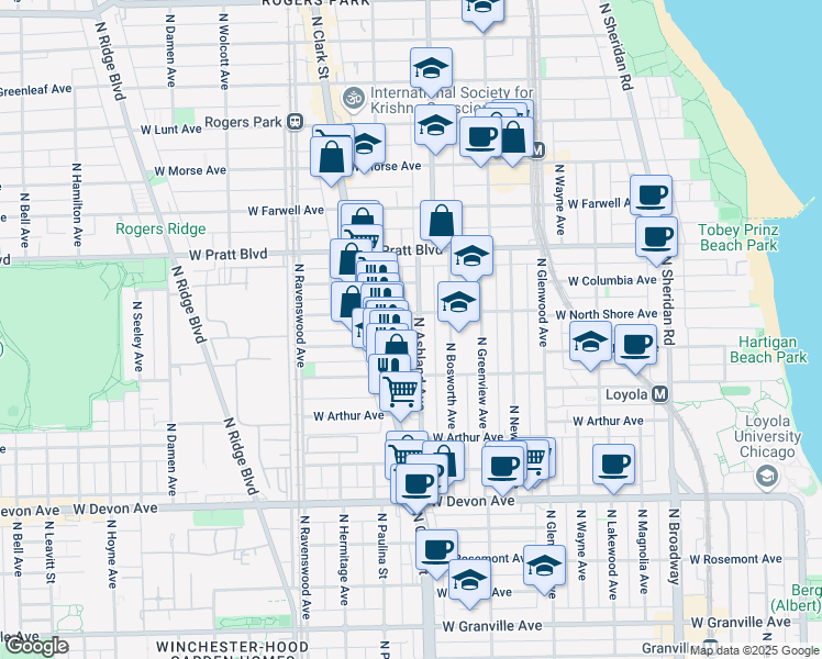 map of restaurants, bars, coffee shops, grocery stores, and more near 6646 North Ashland Avenue in Chicago