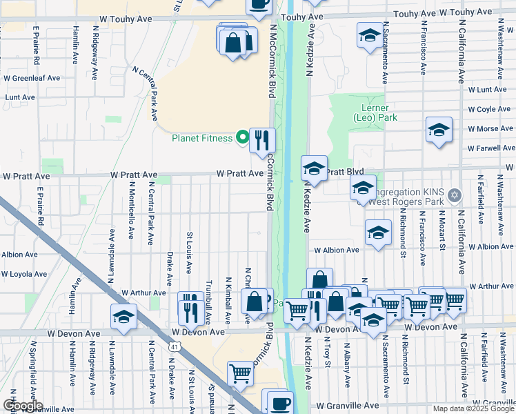map of restaurants, bars, coffee shops, grocery stores, and more near 3312 West North Shore Avenue in Lincolnwood