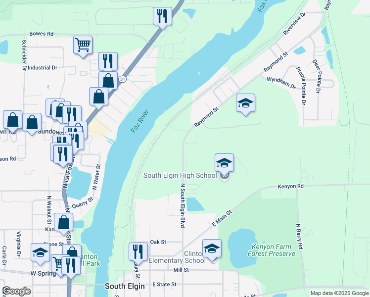 map of restaurants, bars, coffee shops, grocery stores, and more near 1019 North South Elgin Boulevard in South Elgin