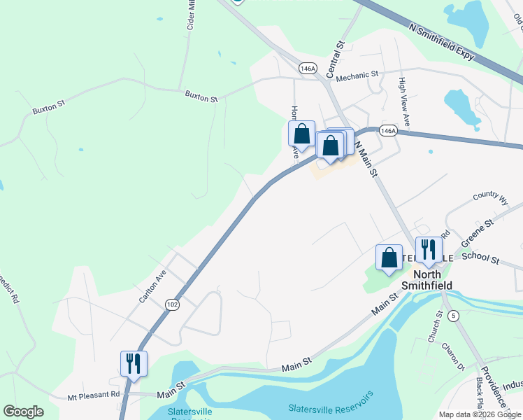 map of restaurants, bars, coffee shops, grocery stores, and more near 1030 Victory Highway in North Smithfield