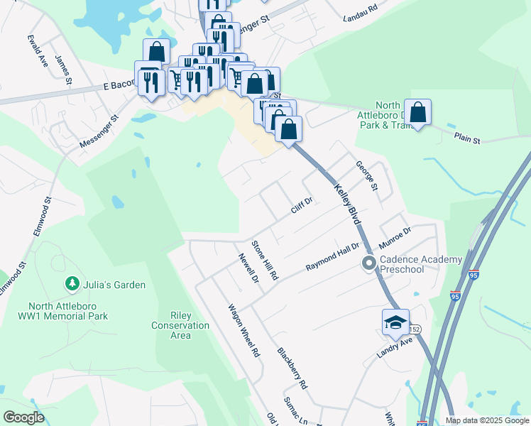 map of restaurants, bars, coffee shops, grocery stores, and more near 20 Payson Lane in North Attleborough