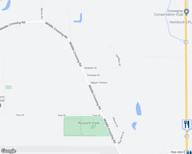 map of restaurants, bars, coffee shops, grocery stores, and more near 28757 Fairlane Drive in Dowagiac