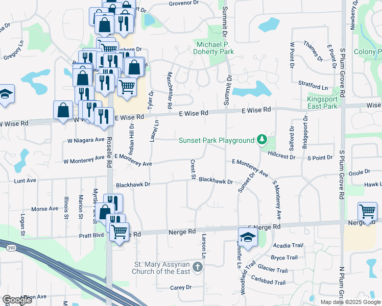 map of restaurants, bars, coffee shops, grocery stores, and more near 218 East Monterey Avenue in Schaumburg