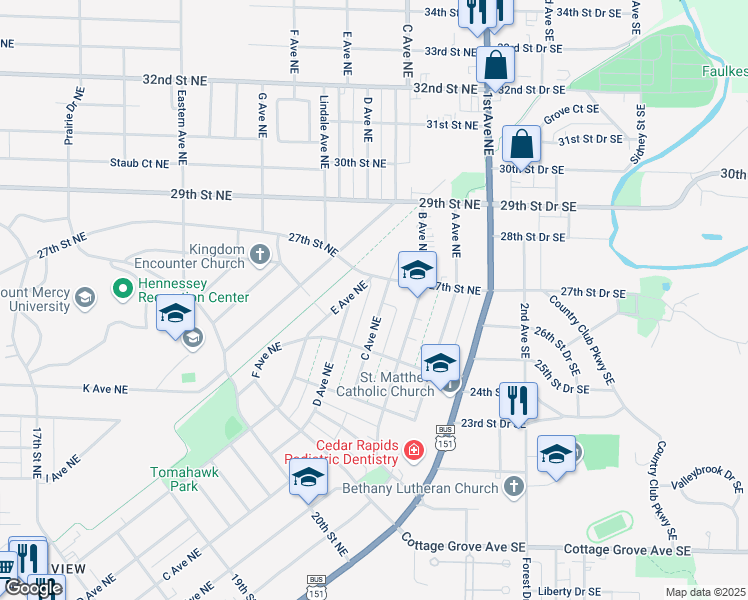 map of restaurants, bars, coffee shops, grocery stores, and more near 2524 C Avenue Northeast in Cedar Rapids