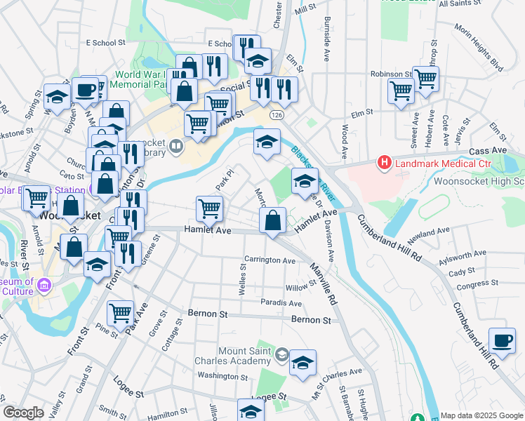 map of restaurants, bars, coffee shops, grocery stores, and more near 166 Harrison Avenue in Woonsocket