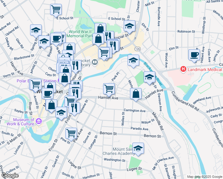 map of restaurants, bars, coffee shops, grocery stores, and more near 56 Hamlet Avenue in Woonsocket
