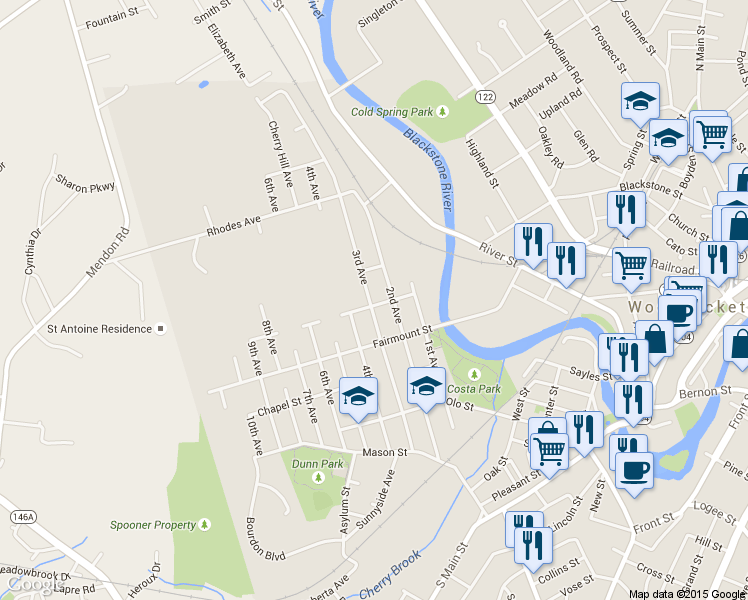 map of restaurants, bars, coffee shops, grocery stores, and more near 380 2nd Avenue in Woonsocket