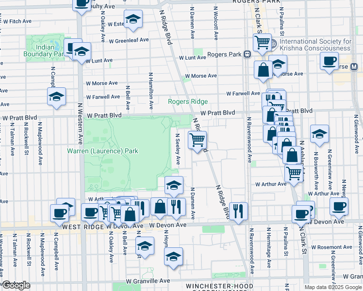map of restaurants, bars, coffee shops, grocery stores, and more near 6649 North Seeley Avenue in Chicago