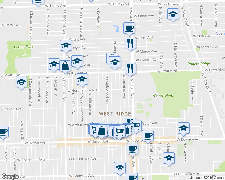 map of restaurants, bars, coffee shops, grocery stores, and more near 2503 West North Shore Avenue in Chicago