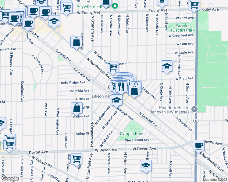 map of restaurants, bars, coffee shops, grocery stores, and more near 6761 North Olmsted Avenue in Chicago