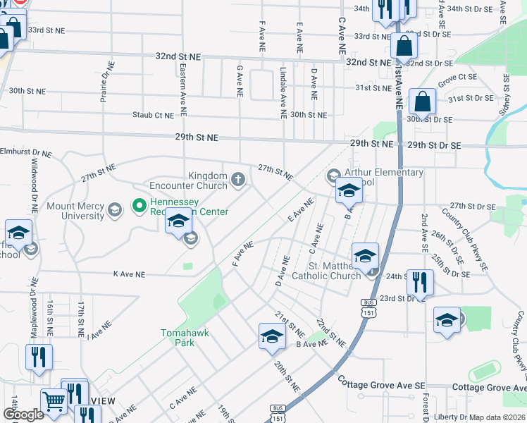 map of restaurants, bars, coffee shops, grocery stores, and more near in Cedar Rapids
